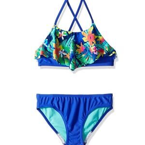 NWT Speedo Girls' Hidden Tropical Ruffle Two Piece Size 16